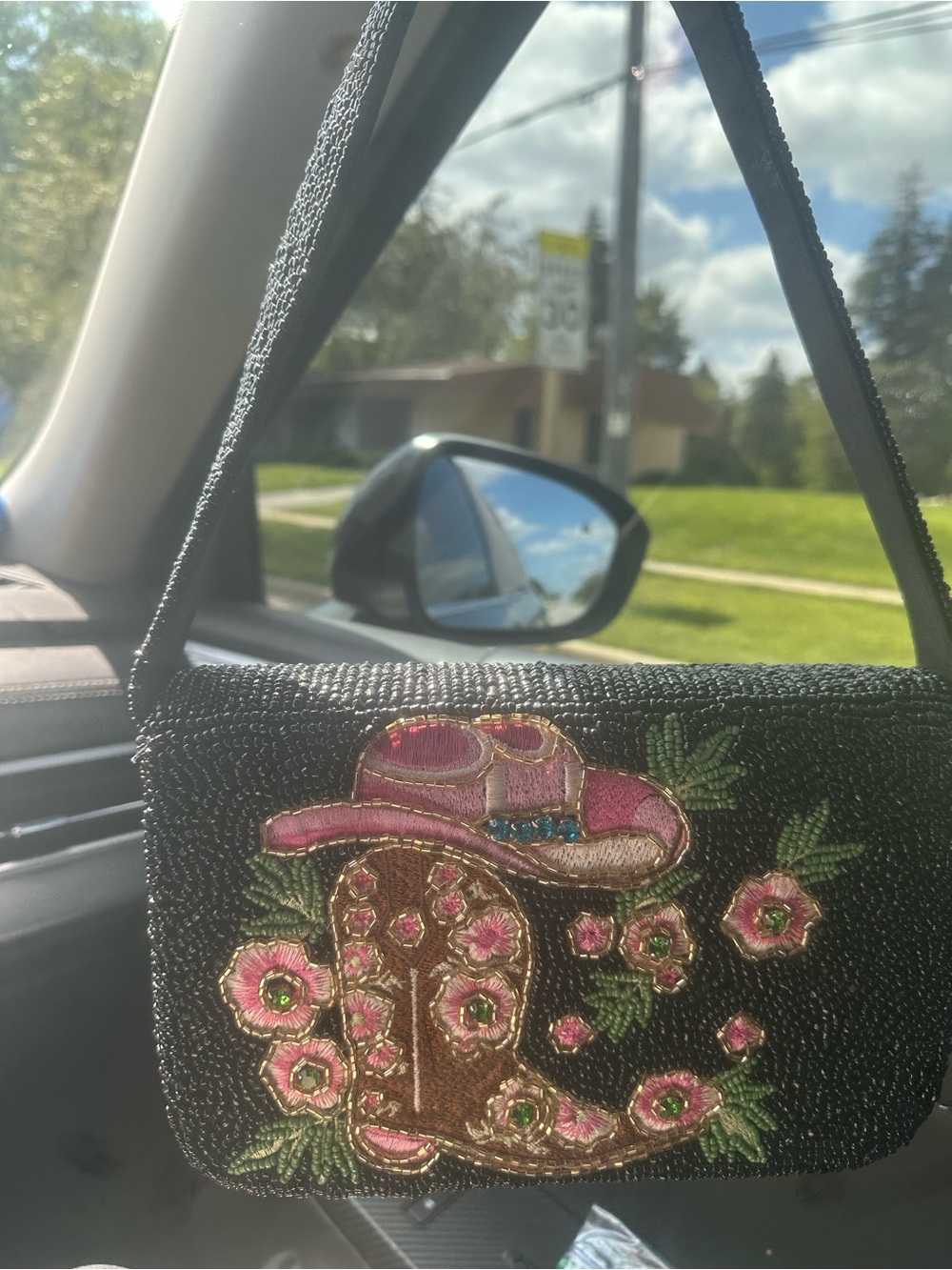 Beaded Black Wristlet with Pink Floral Cowboy Boot Motif
